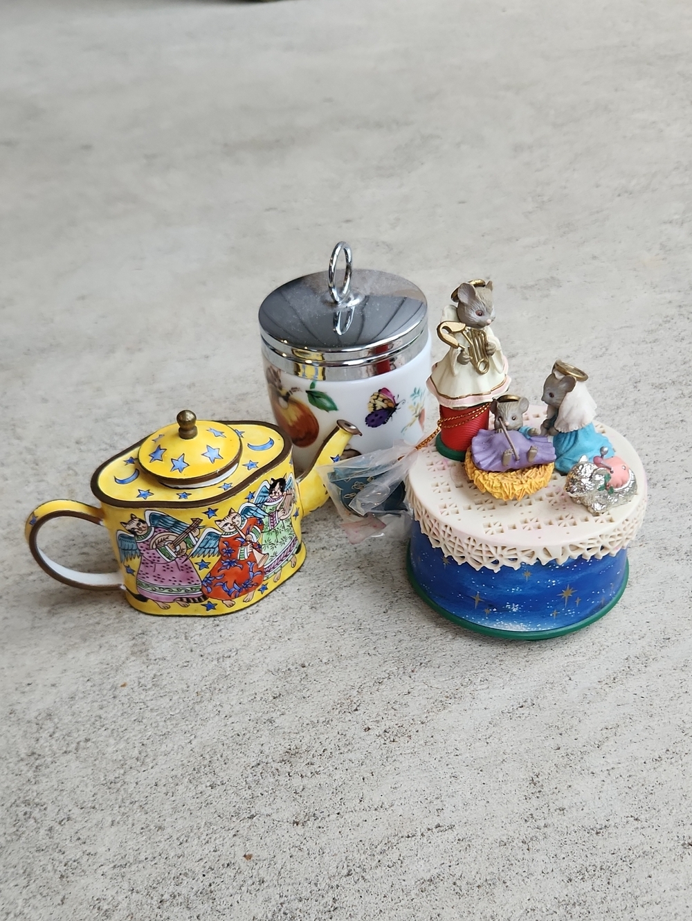 Yellow Decorative Teapot Music Box Accent with Painted Folk Art,Egg Coddler
